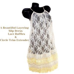 Cream Lace Tank Slip Dress with Lace Ruffles & Circle Trim Extender.